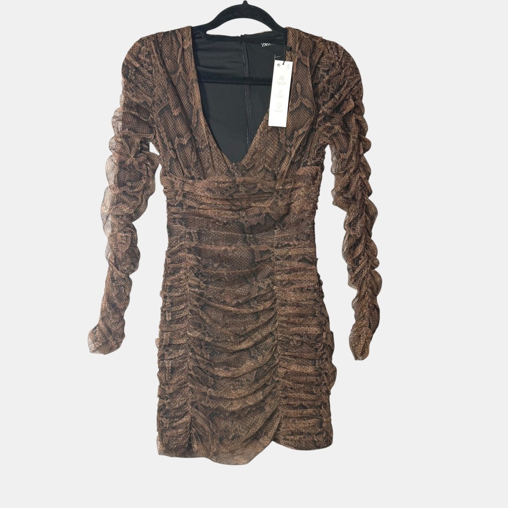 Zara Womens XS Brown Snakeskin Ruched Mesh V-Neck Mini Bodycon Dress NWT